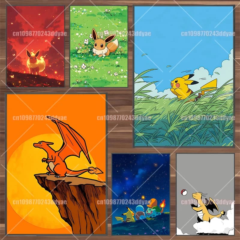 Classic Canvas Painting Wall Art Poster Aesthetic Pokemon Pikachu Bulbasaur Painting Home Gift Hanging Gift Cartoon Character