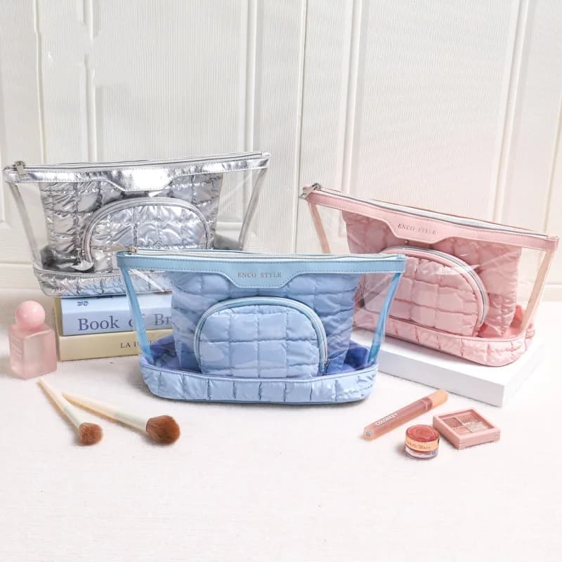 Ins grid glossy multifunctional three piece makeup bag, portable toiletry bag, travel cosmetics storage bag