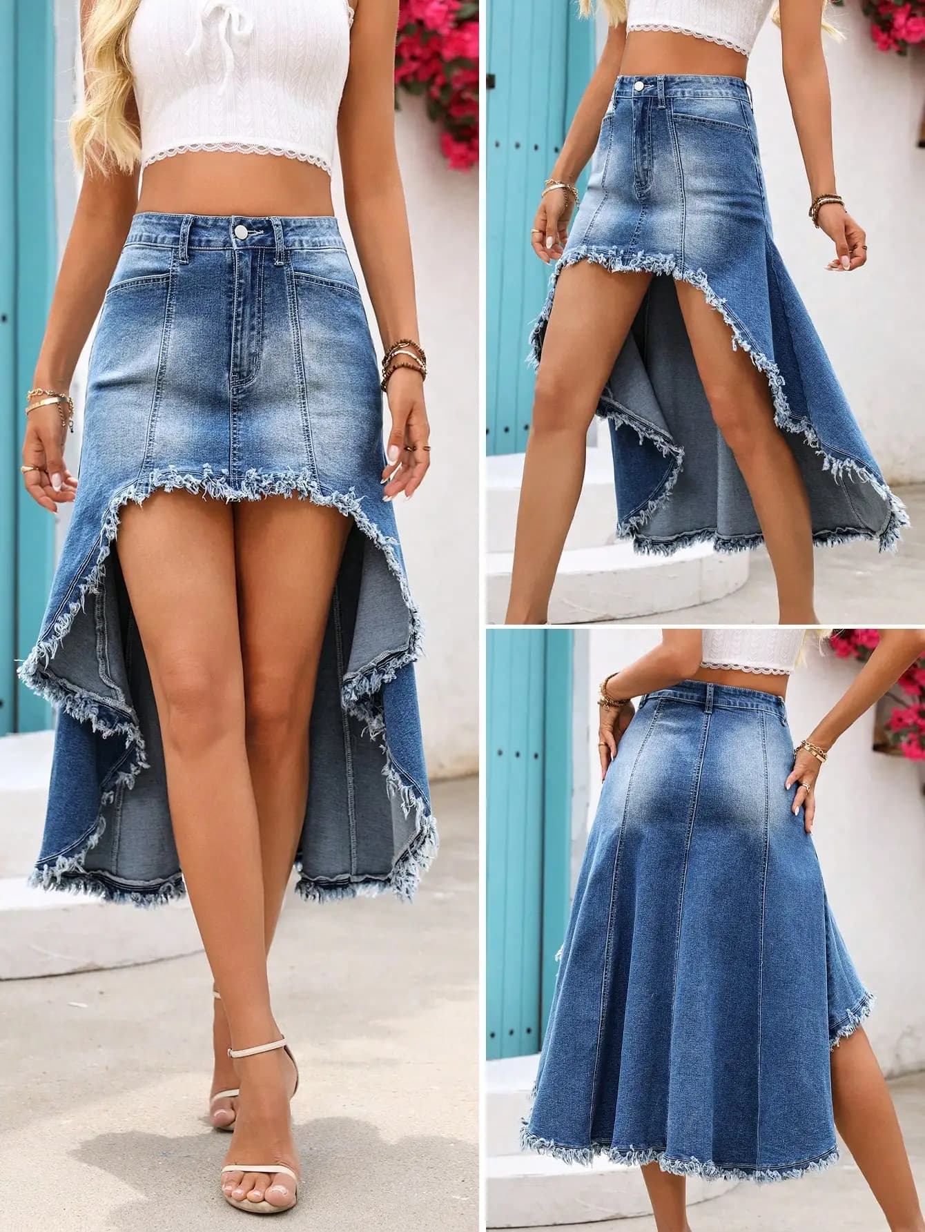 Gonna in denim da donna con orlo sfrangiato e taglio asimmetrico