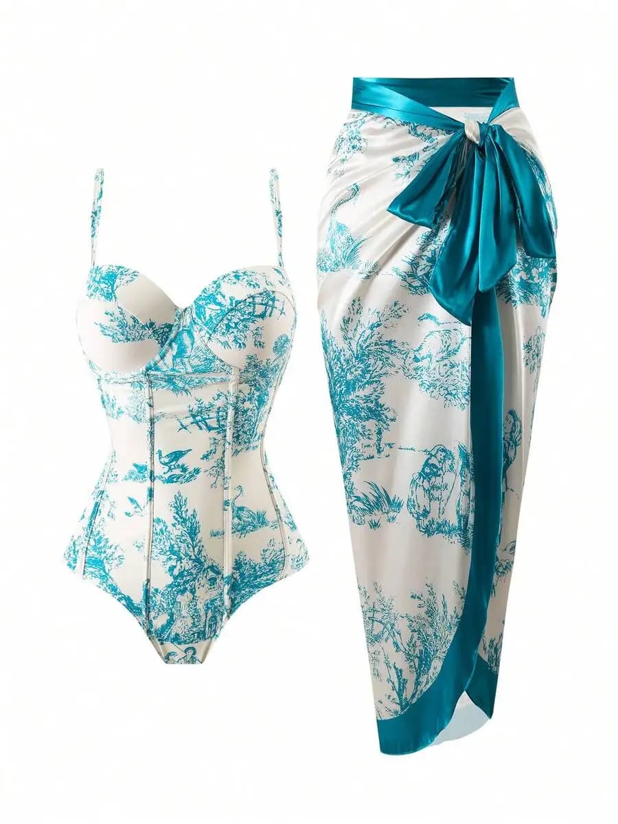 Costume da bagno intero vintage in stile Toile francese con gonna, contenitivo e valorizzante, per la spiaggia