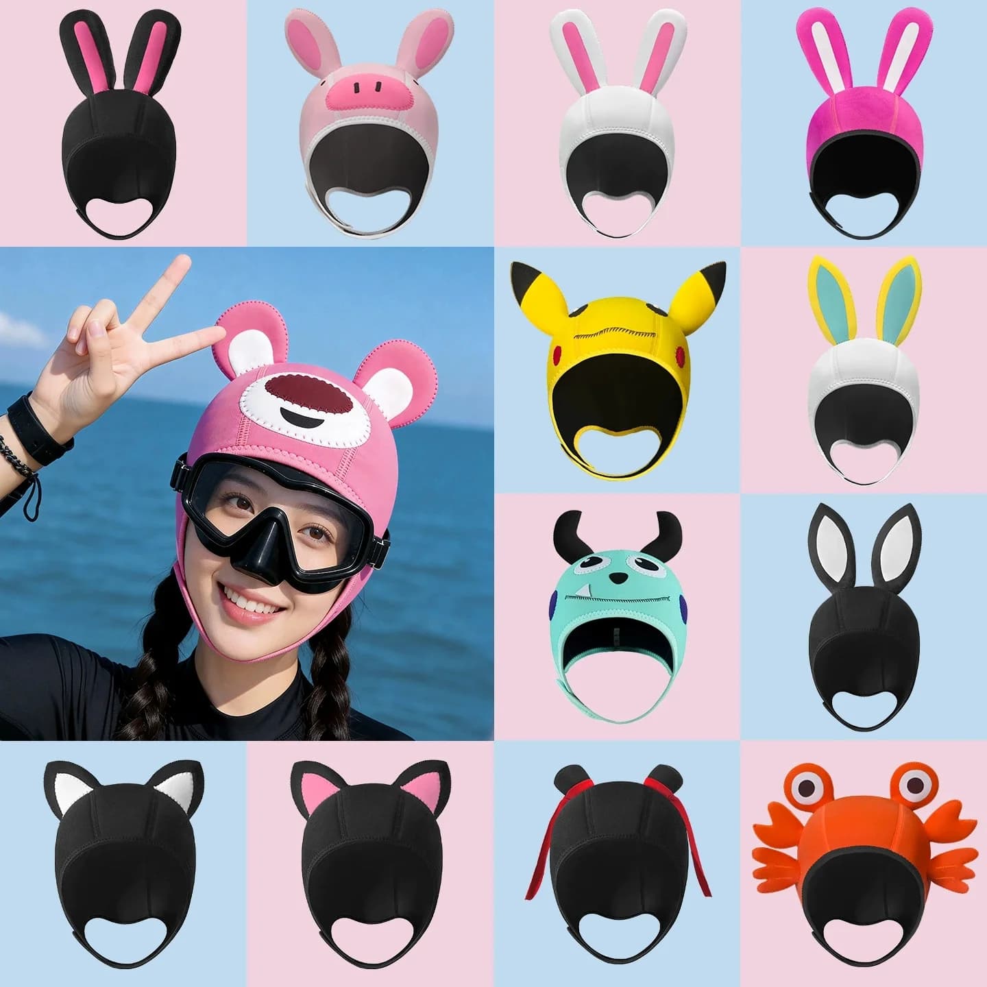 Cute Cartoon Snorkeling/Swimming Hoods (Panda, Kitty, Rabbit) – Sun-Protection Surf Hat for Women & Girls – Professional Gear
