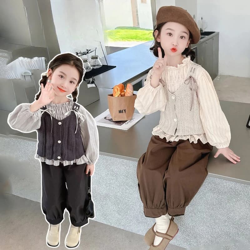 Girls Treasure French Collar Long Sleeved Shirt +Knitted Sleeveless Top+Casual Pants Three-piece Set Children Spring Autumn 2025