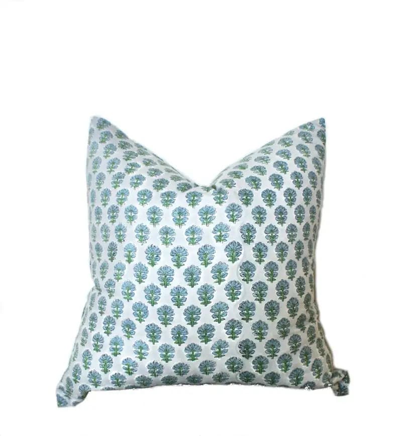Block Print Pillow Cover: Green Blue Floral, Farmhouse Decor