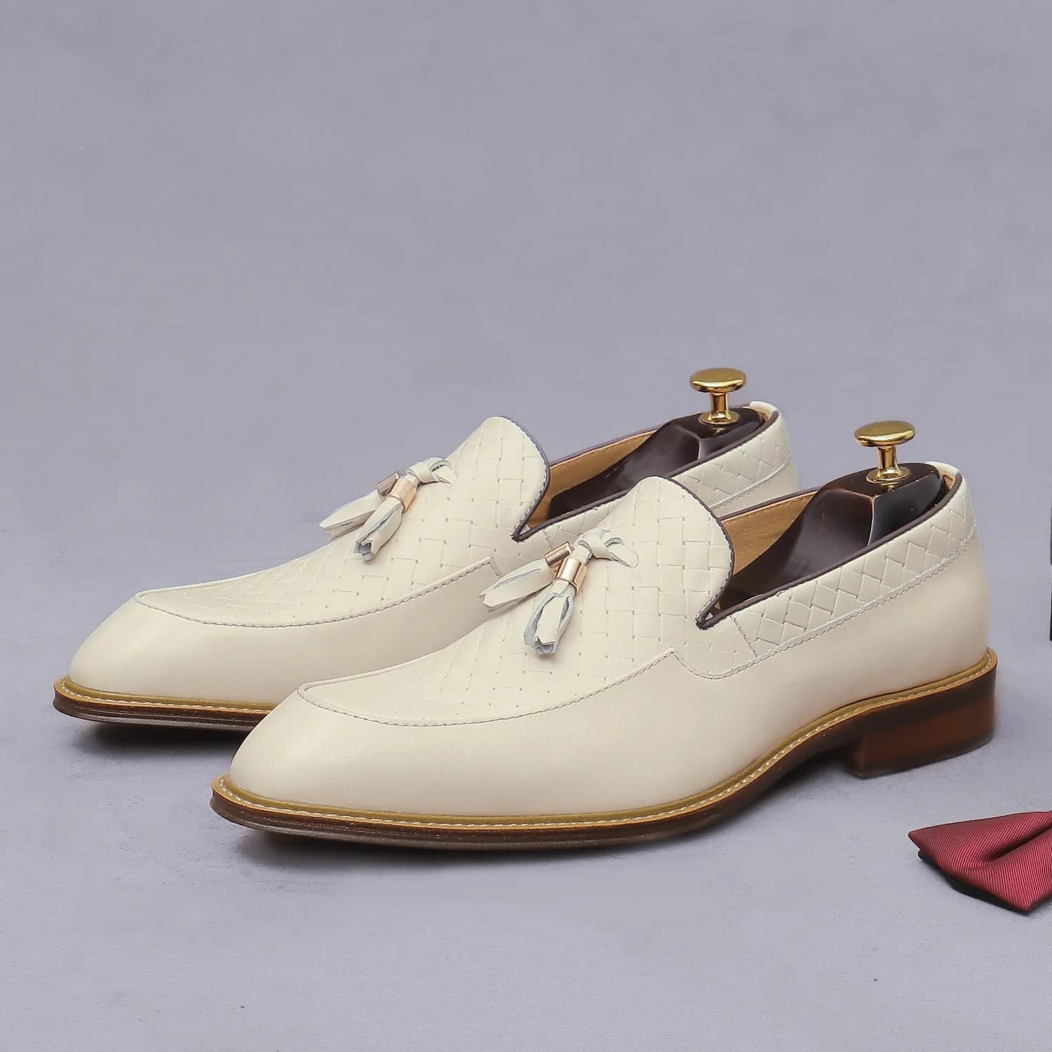 Men's Faux Leather Penny Loafers Intricate Woven Texture Tassel Beige Comfortable Insole Smart Casual Office Daily Wear Shoes