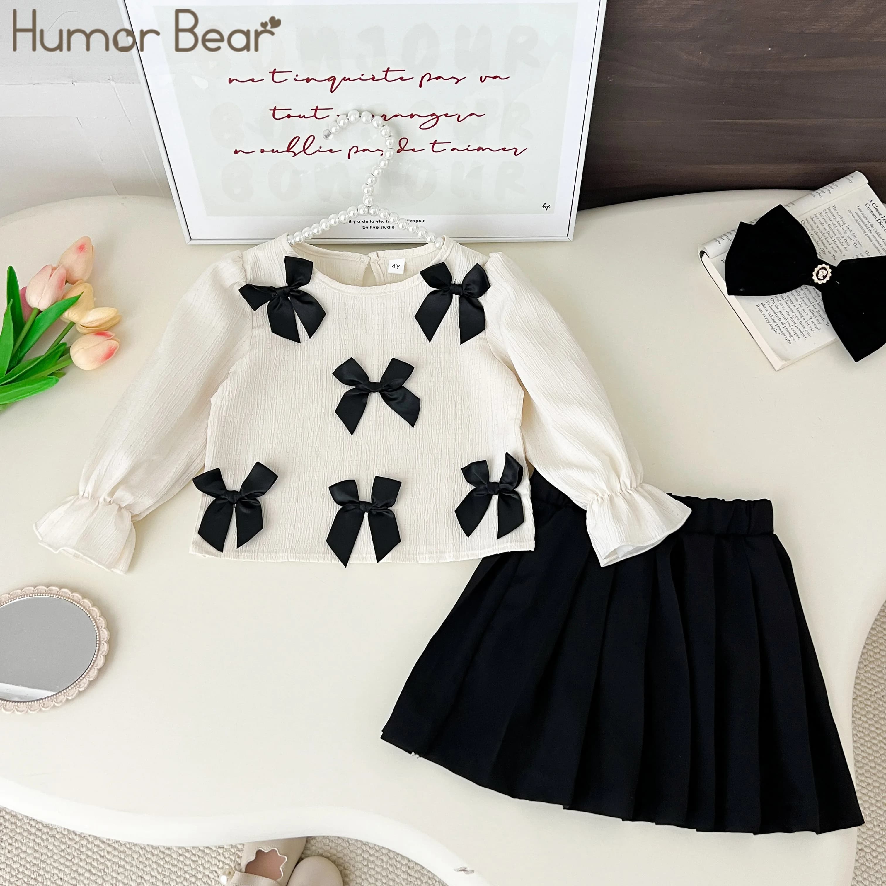 Humor Bear Set completo da bambina in 2 pezzi, camicia con risvolto con fiocco + gonna a pieghe, vestiti primaverili per bambina