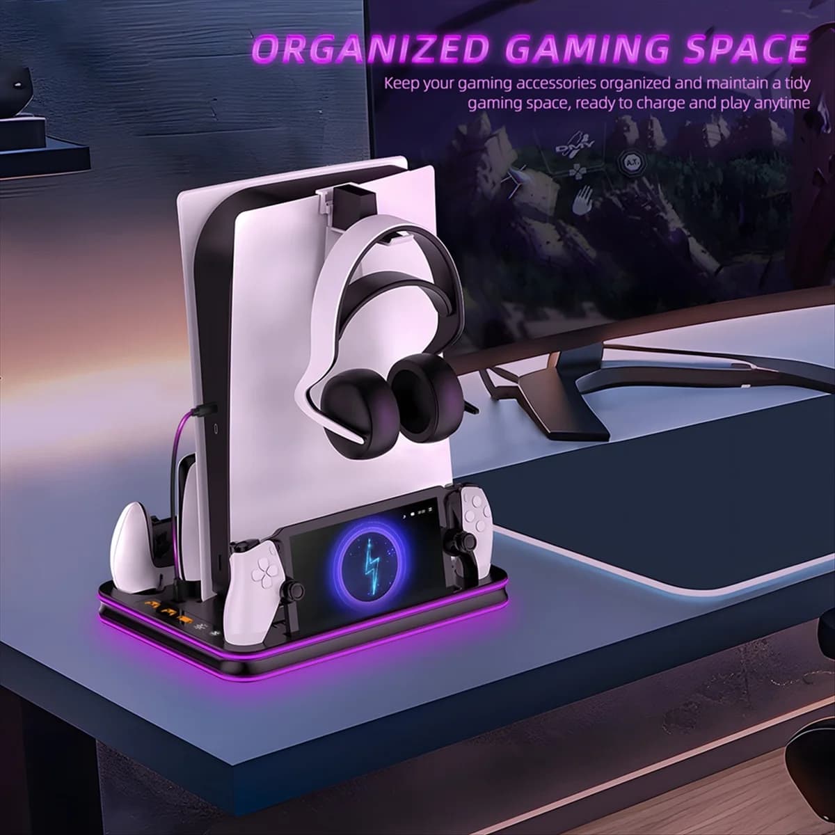 Docking station JYS per console portale PS5 Slim con docking station di raffreddamento a luce ambientale con docking station con gancio per cuffie