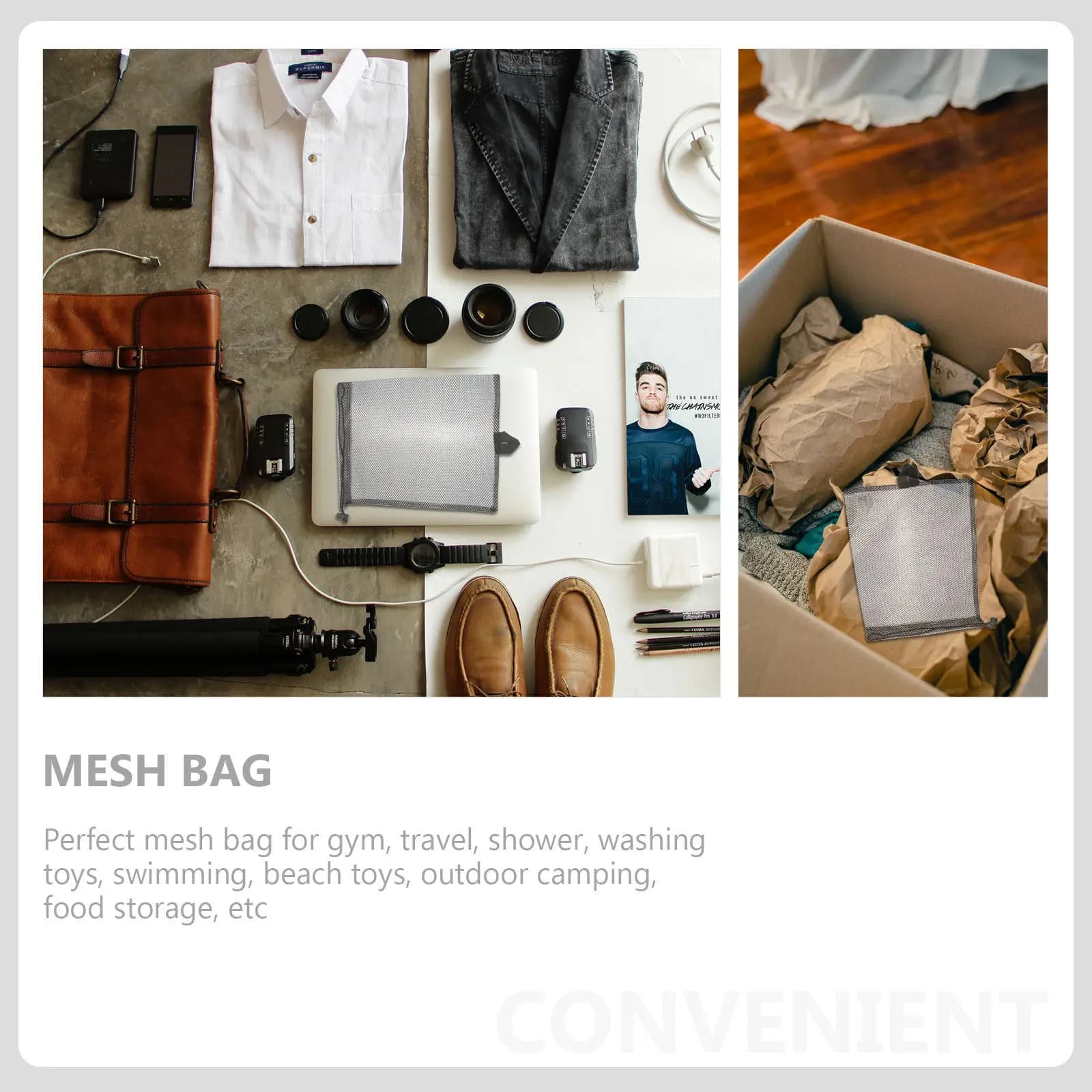 5 bag holders with polyester mesh, portable, for travel, laundry, organizer, for clothes, toiletries, camping, gym, golf