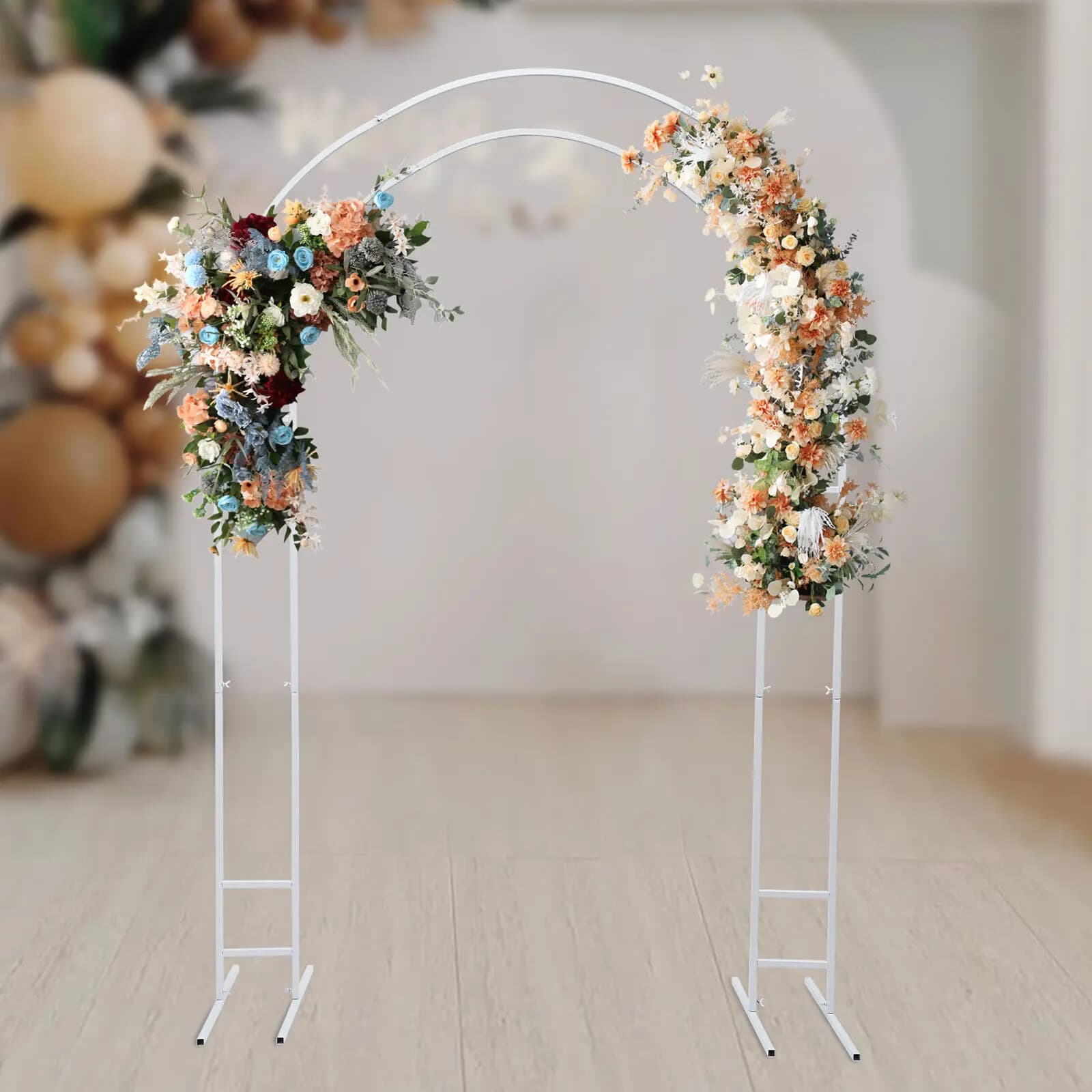 Floral balloon display for garden tree with arch frame for metal wedding support