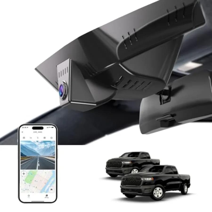Front 4K Dash Cam for Dodge RAM 1500 2019-2024: OEM-style hidden design, ABS plastic housing, black, WiFi app control, loop rec