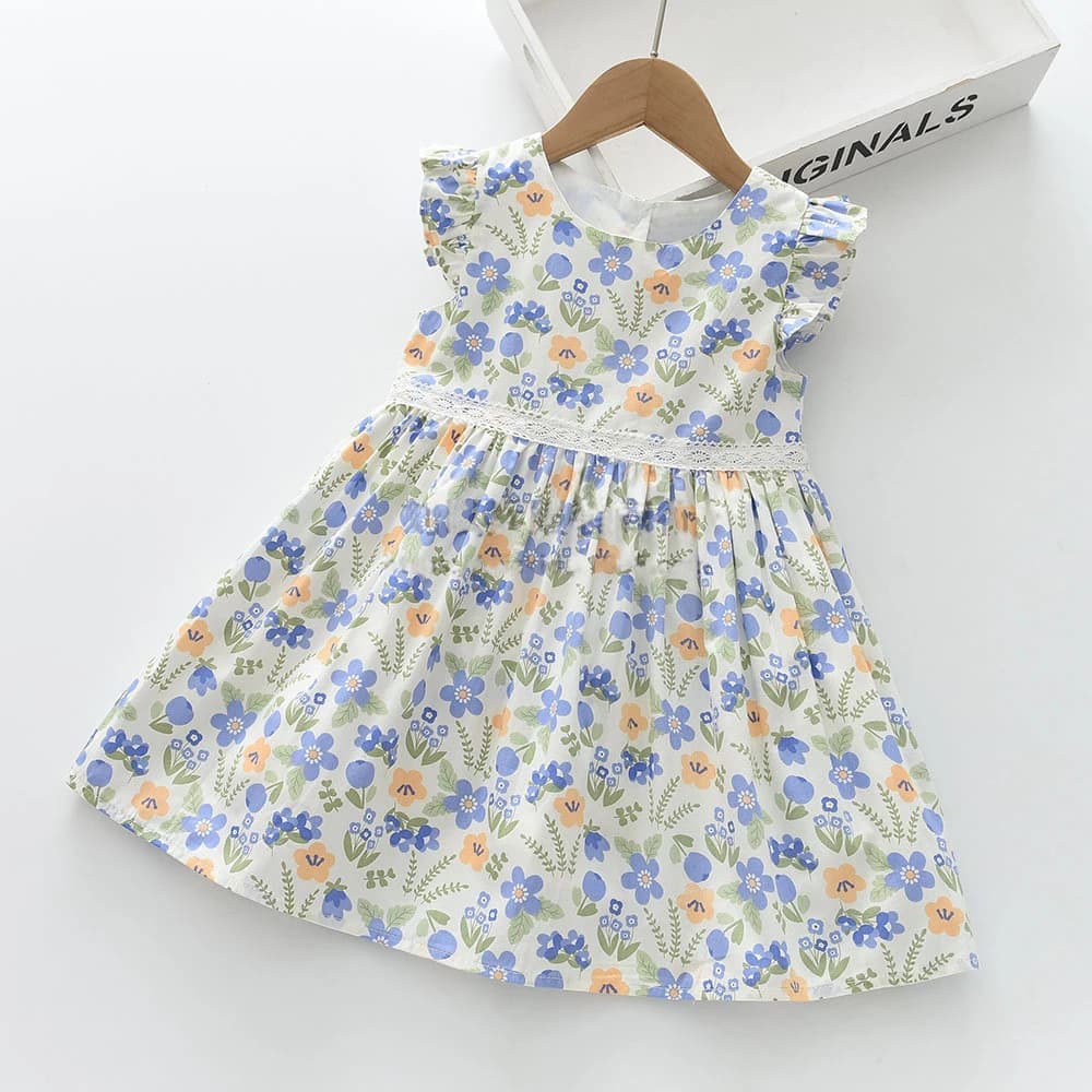 Europe and America Girls Princess Dresses Summer Lace Waist Floral Flying Sleeve Dress Kids Clothes