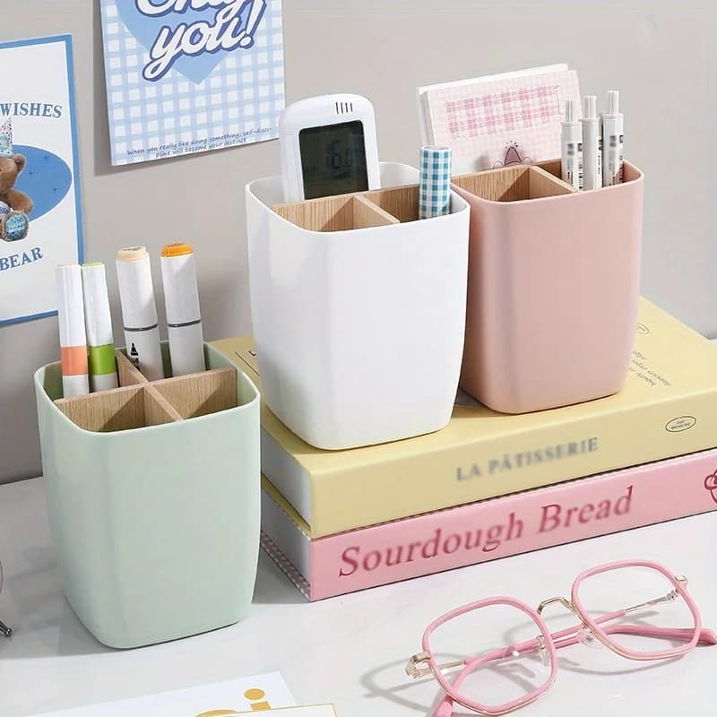 1 storage box with 4 compartments and pen holder, suitable for storing make-up in the bathroom, various objects in the living room, storing objects.