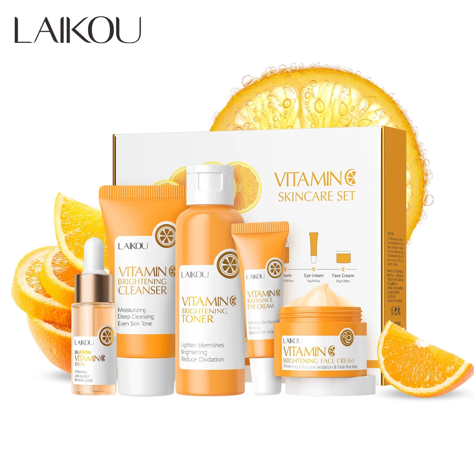 LAIKOU Skin Care Set with Vitamin C 5 Pieces, Valentine's Gift, Lighting Kit with Detergent, Tonic, Serum and Cream Contour Eyes