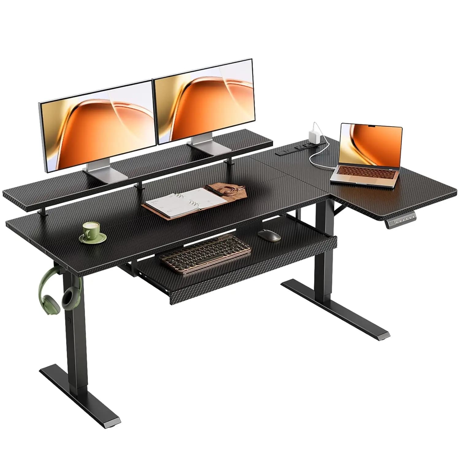 55" Reversible L Shaped Electric Standing Desk, Carbon Fiber Black | Monitor Stand, Keyboard Tray, Power Outlets, 3, Customized