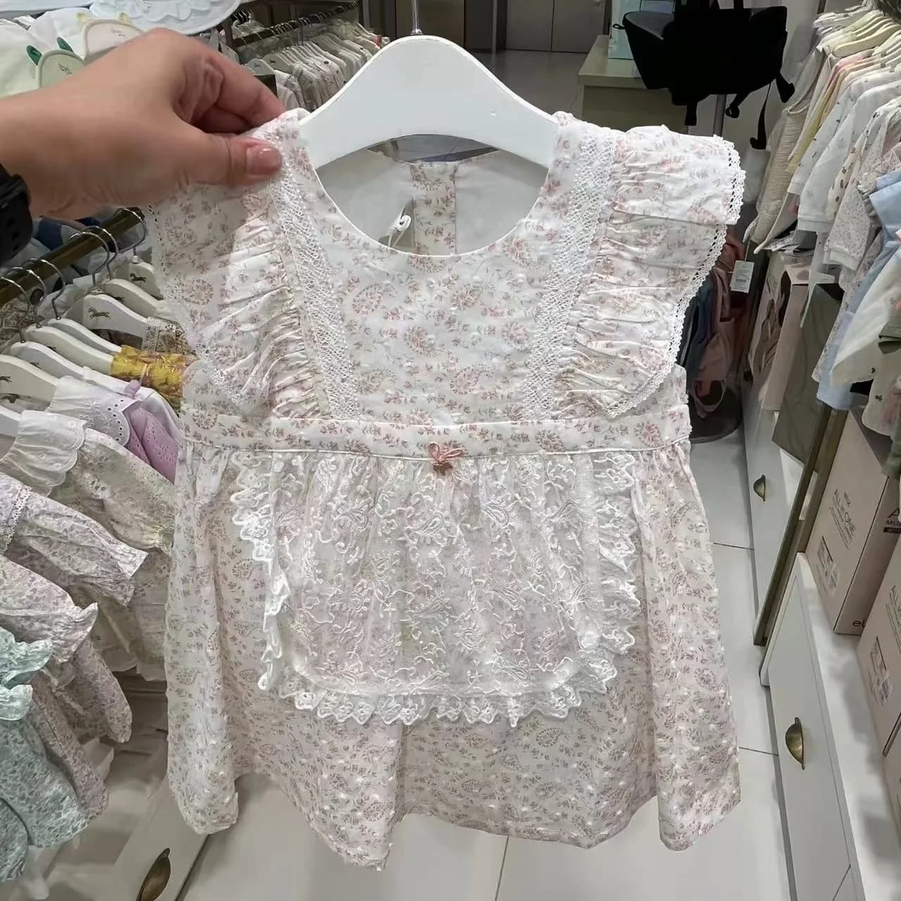 Abito da ragazza in pizzo floreale dolce, gonna da principessa a maniche corte, pantaloncini, abbigliamento per bambini, abiti estivi alla moda per bambini
