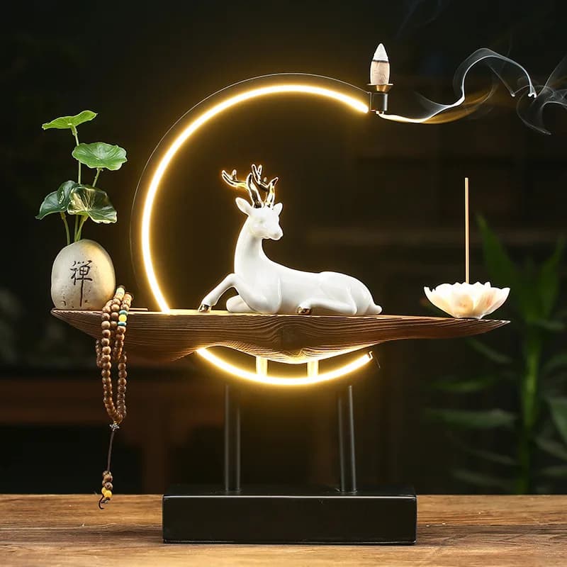 Artigianato in ceramica Cervo fortunato LED Decorazioni per la casa Ornamenti Cascata Riflusso Incenso Buddha Stick Holder