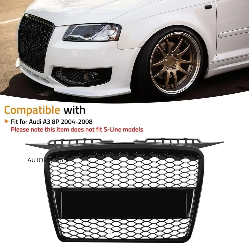 Nero lucido Auto Paraurti Anteriore Centrale Griglia Maglia A Nido D'ape Grill Per Audi A3/A3 Quattro 8P 2004 2005 2006 2007 2008 8P4853651A