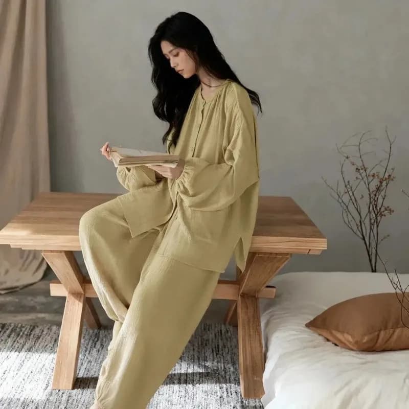 Women Chinese Style Long Sleeve Pajama Set Loose Cuffed Pants Two Piece Loungewear Outfit