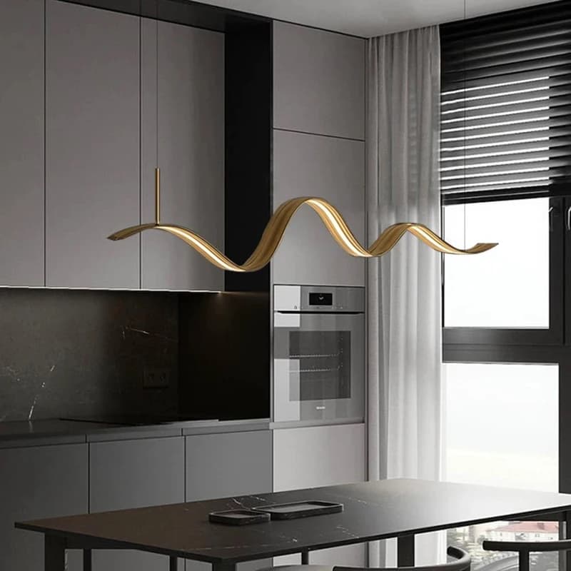 Nordic Gold Wave Strip Pendant Lamp with Minimalist LED Lighting Suitable for Restaurants Bedrooms and Homes