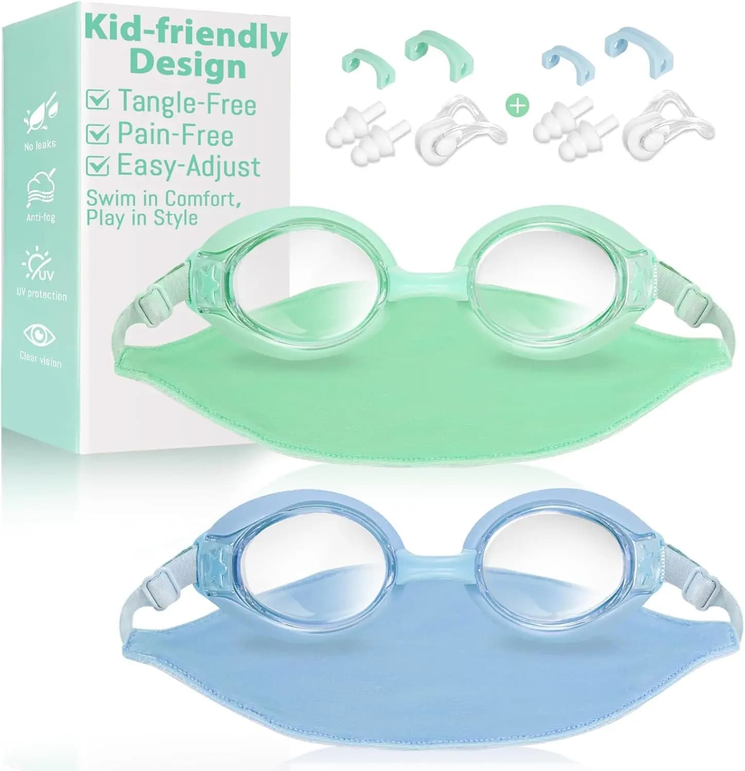 Pack of 2 anti-fog swim glasses, anti-UV, without leaks, with fabric strap, for children from 3 to 14 years old