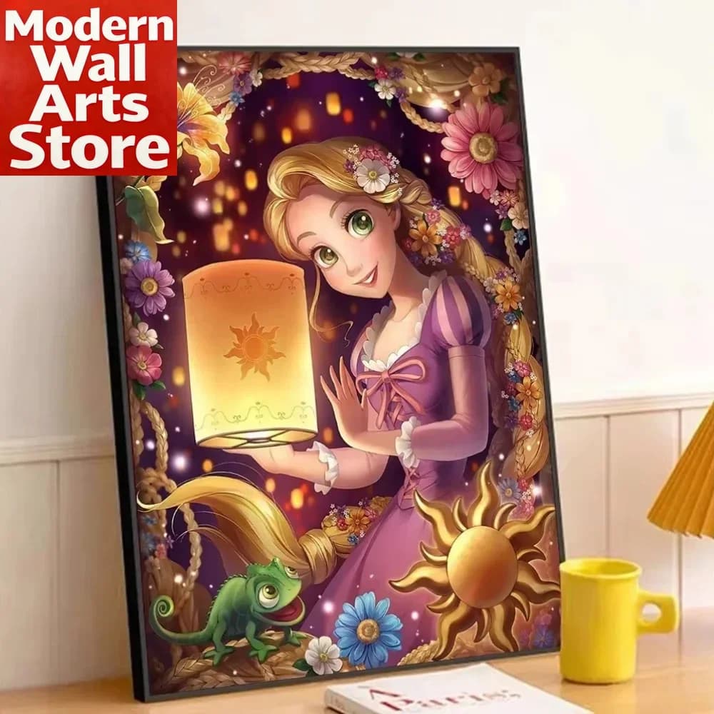 Kit di pittura con diamanti Disney Rapunzel - Mosaico artistico con diamanti rotondi/quadrati 5D, artigianato in acrilico con vivaci motivi floreali e stellati