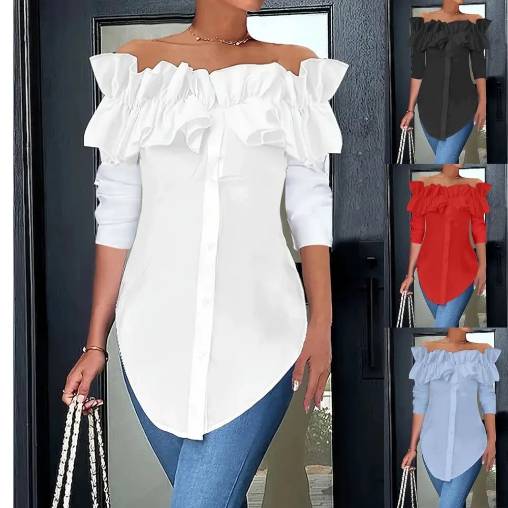 Articolo Popolare 2026 su Amazon: Blusa Autunnale Semplice Monocolore con Volant e Spalle Scoperte da Donna