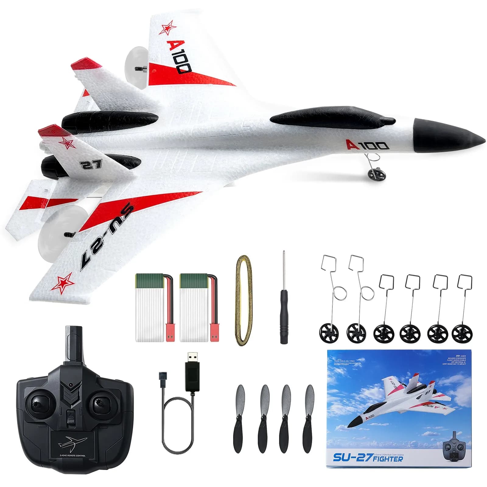 SucceBuy SU27 RC Aircraft 2.4G Remote Control Air Flying Model with 2 Airwheel Batteries Foam Toys for Kids Gifts