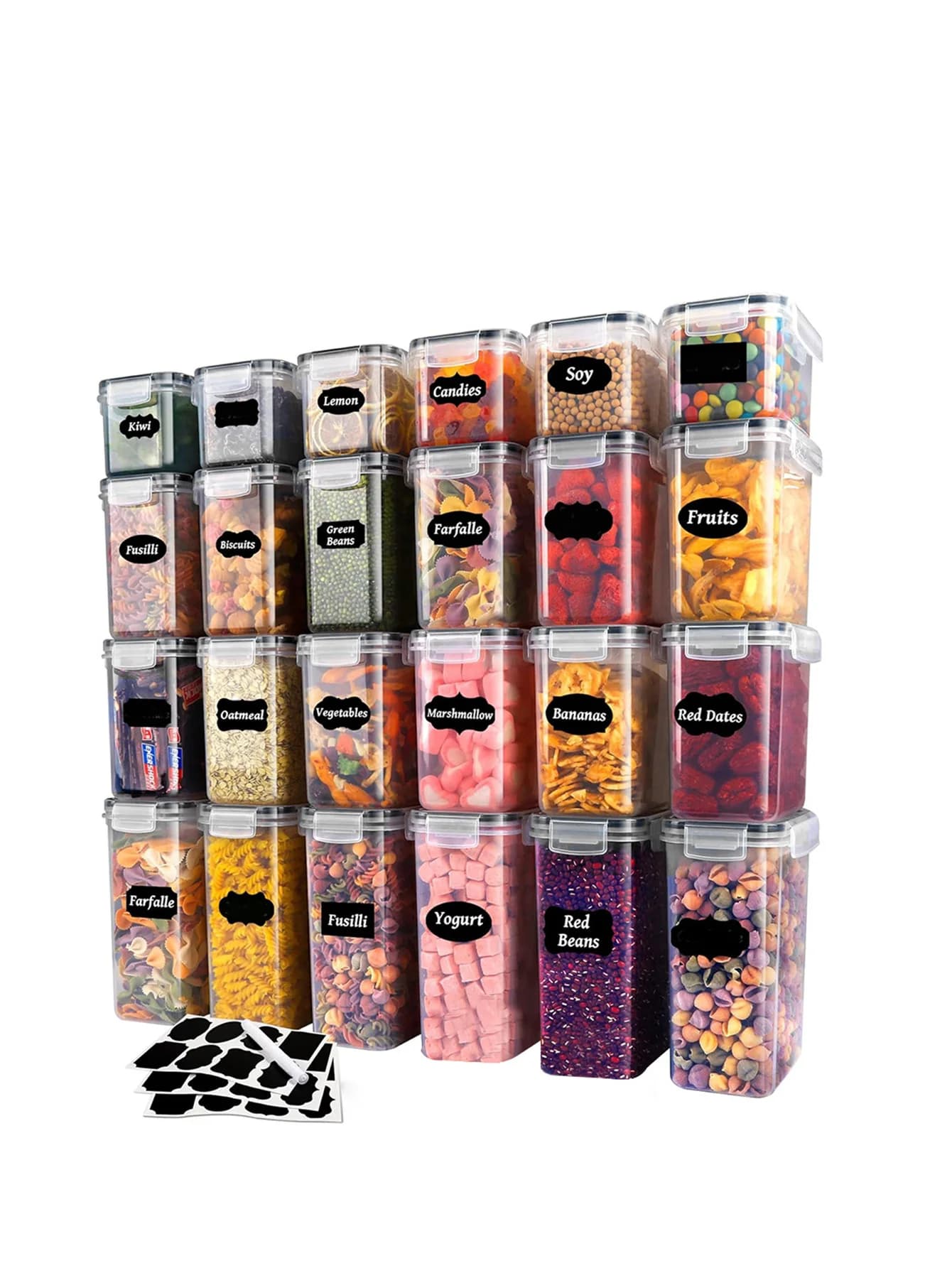 24 contenitori sigillati per la conservazione degli alimenti con LIDS - contenitori per il pranzo ideali per organizzare e conservare cereali, riso, pasta, tè, noci