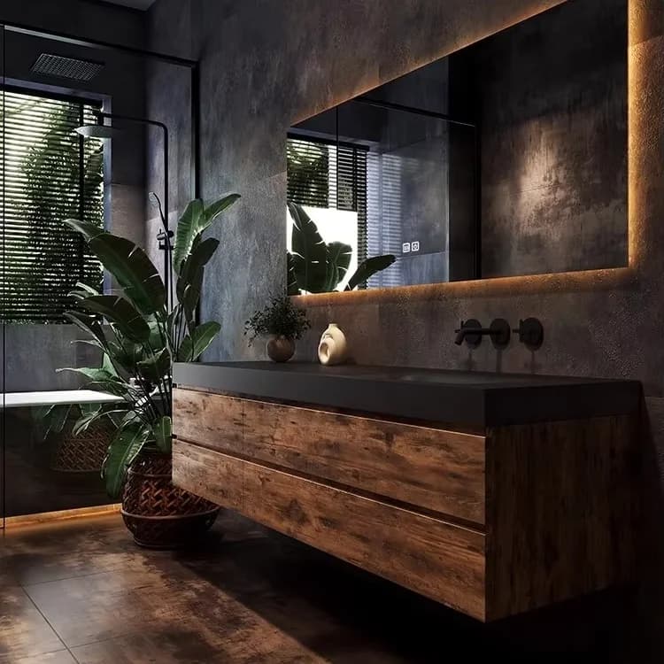 Nuovo Mobile Bagno Moderno a Parete in Compensato con Specchio LED, Armadietto Intelligente, Design Impermeabile, Garanzia 5 Anni, Lavabo in Pietra