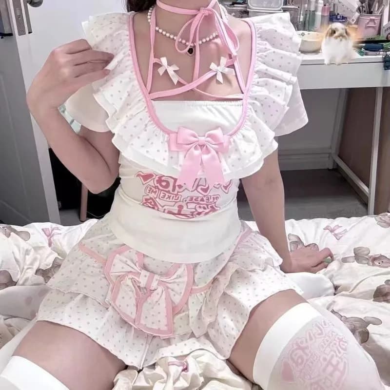 Y2k abbigliamento donna Sottocultura Stampata Kawaii T-shirt senza maniche Fiocco carino Lolita Minigonna Sexy Slim Young Sense tees top