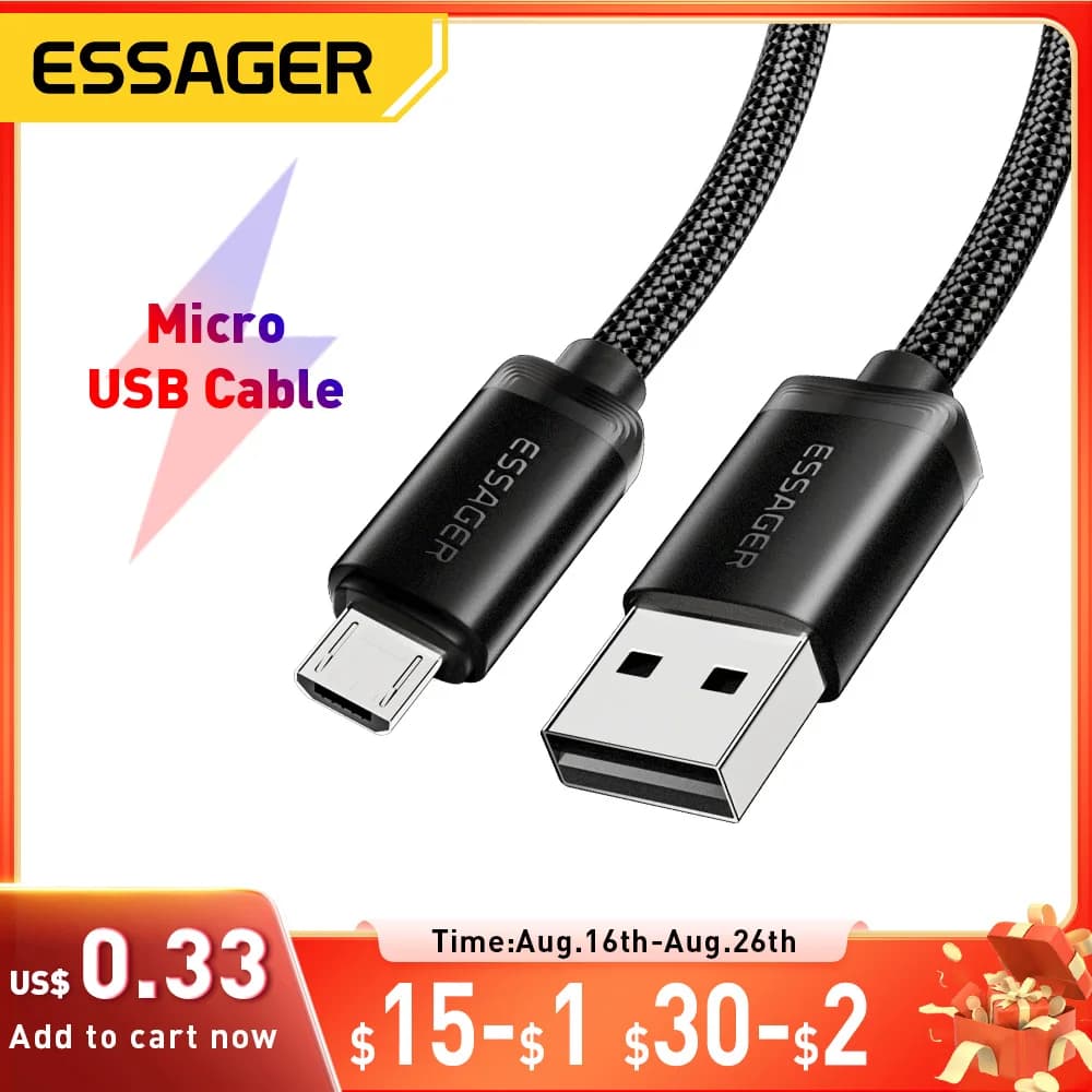 Essager Micro USB Cable Fast Charging Data Cable For Xiaomi Realme Huawei OPPO Samsung Mobile Phone Charger Cord USB Micro Wire
