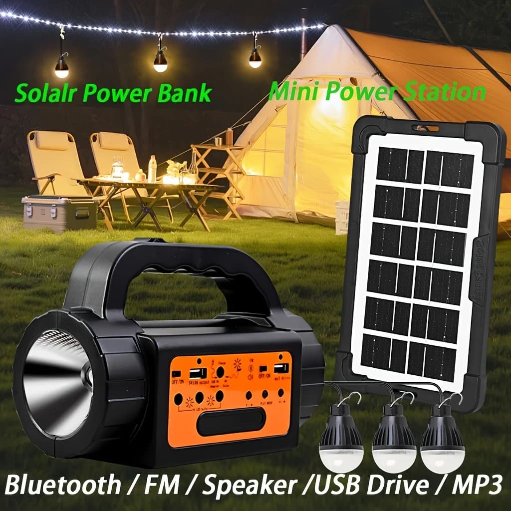 Luci da Campeggio Solari Ricaricabili per Esterni, Lanterna LED Portatile, Mini Stazione di Alimentazione, Kit Solare, Sistema di Illuminazione, Generatore, Power Bank, Torcia, Luce di Emergenza con Altoparlante USB, FM, MP3, 3 Lampadine LED