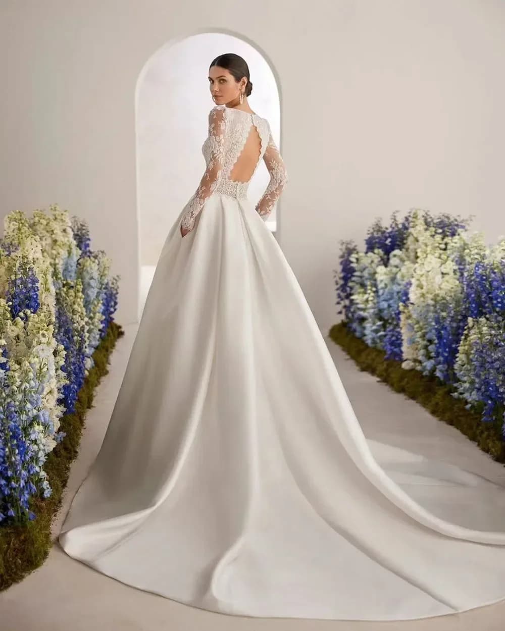 Abito da Sposa ModestLace in Raso a Linea A con Maniche Lunghe, Vestito da Principessa per Donne, Abito Nuziale Vestidos De Novia