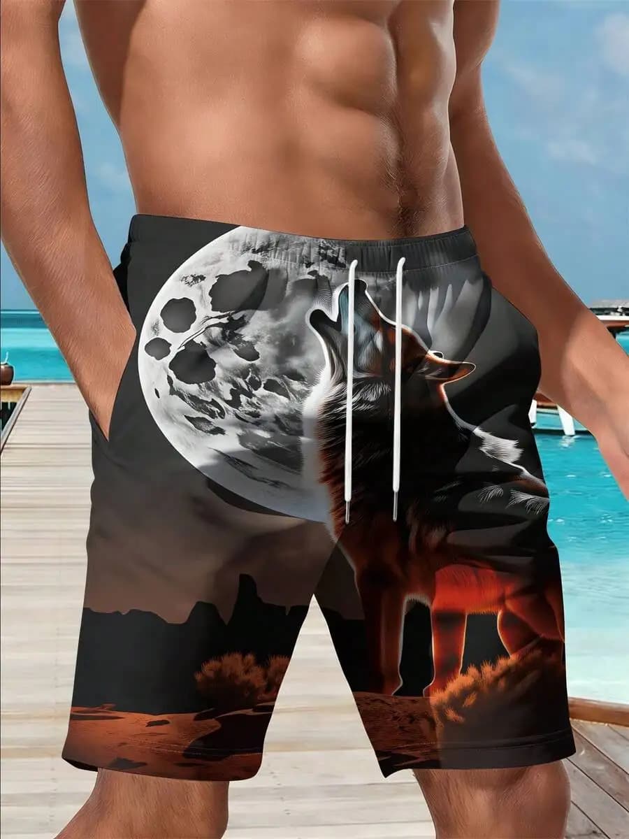 Mens Beach Shorts 3D Print Wolf Howling Moon Night Landscape Casual Summer