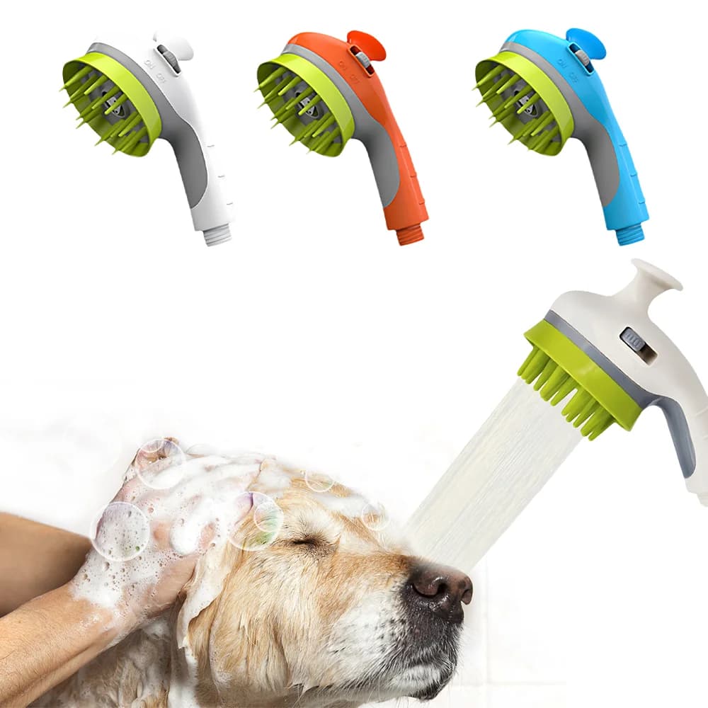Pet Shower Brush with Hose Holder & One-Button Switch, Soft Silicone Bathing Comb for Dogs Cats Indoor Outdoor