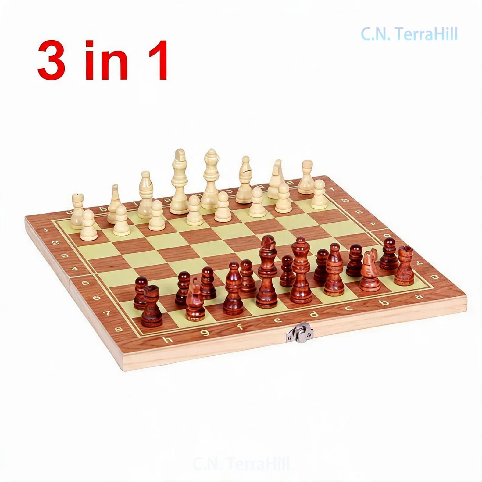3-in-1 Wooden Chess Board Game Set Educational Brain Teaser Tabletop Strategy Game for Kids and Adults Family Party