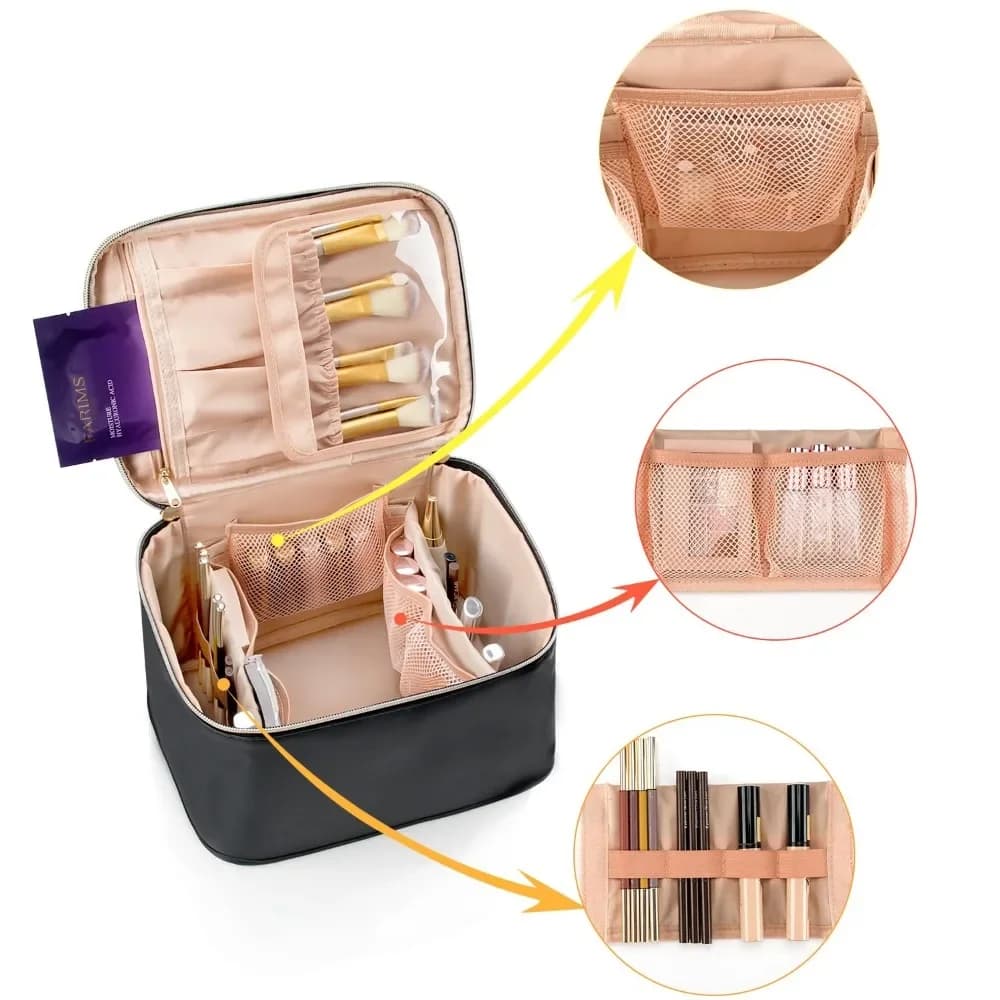 Grande borsa da viaggio per cosmetici da donna – Organizer in pelle impermeabile con porta pennelli e divisori
