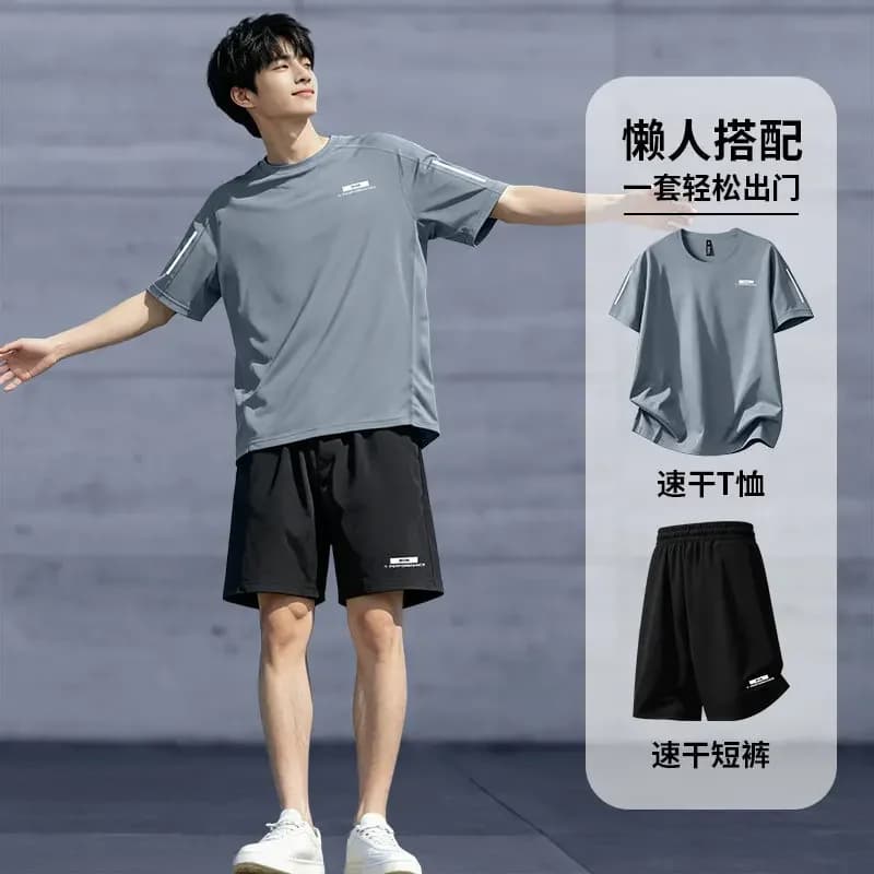 Casual sportswear set Men's summer quick-drying shirt with short sleeves outdoor running and fitness shorts training suit