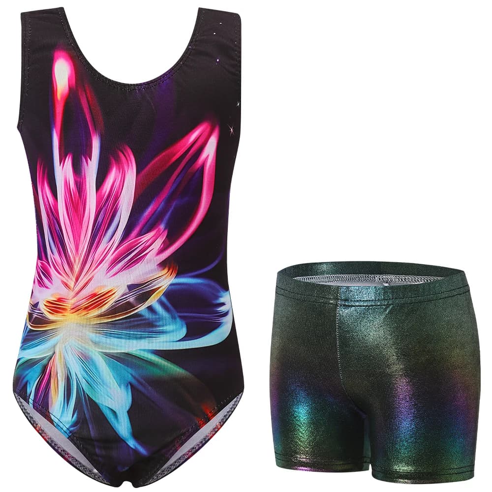 Gymnastics Leotards for Girls Sparkly Ballet Dance Unitards Biketards with Gym Shorts Athletic Activewear Tumbling Bodysuits