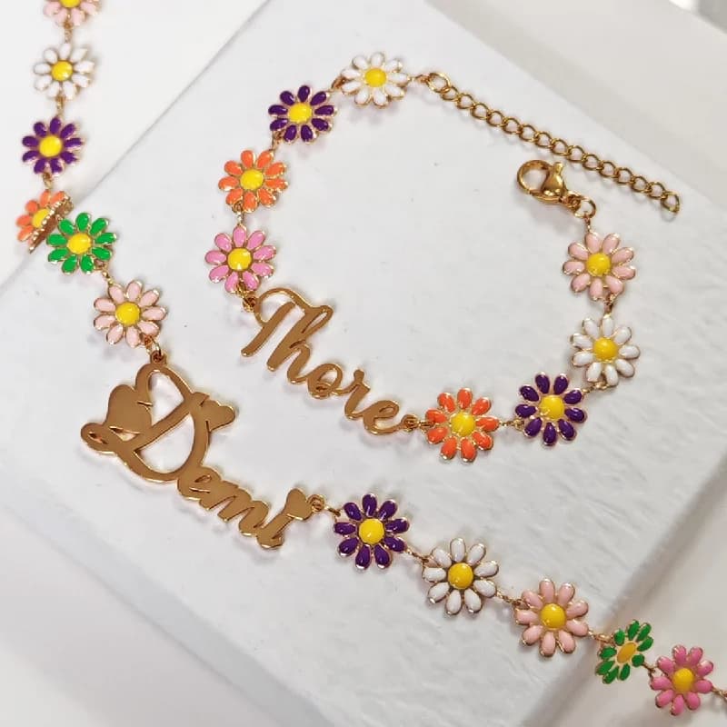Personalized Customized Name Jewelry Set Stainless Steel Sunflower Sunflower Necklace Bracelet Children's Birthday Gift