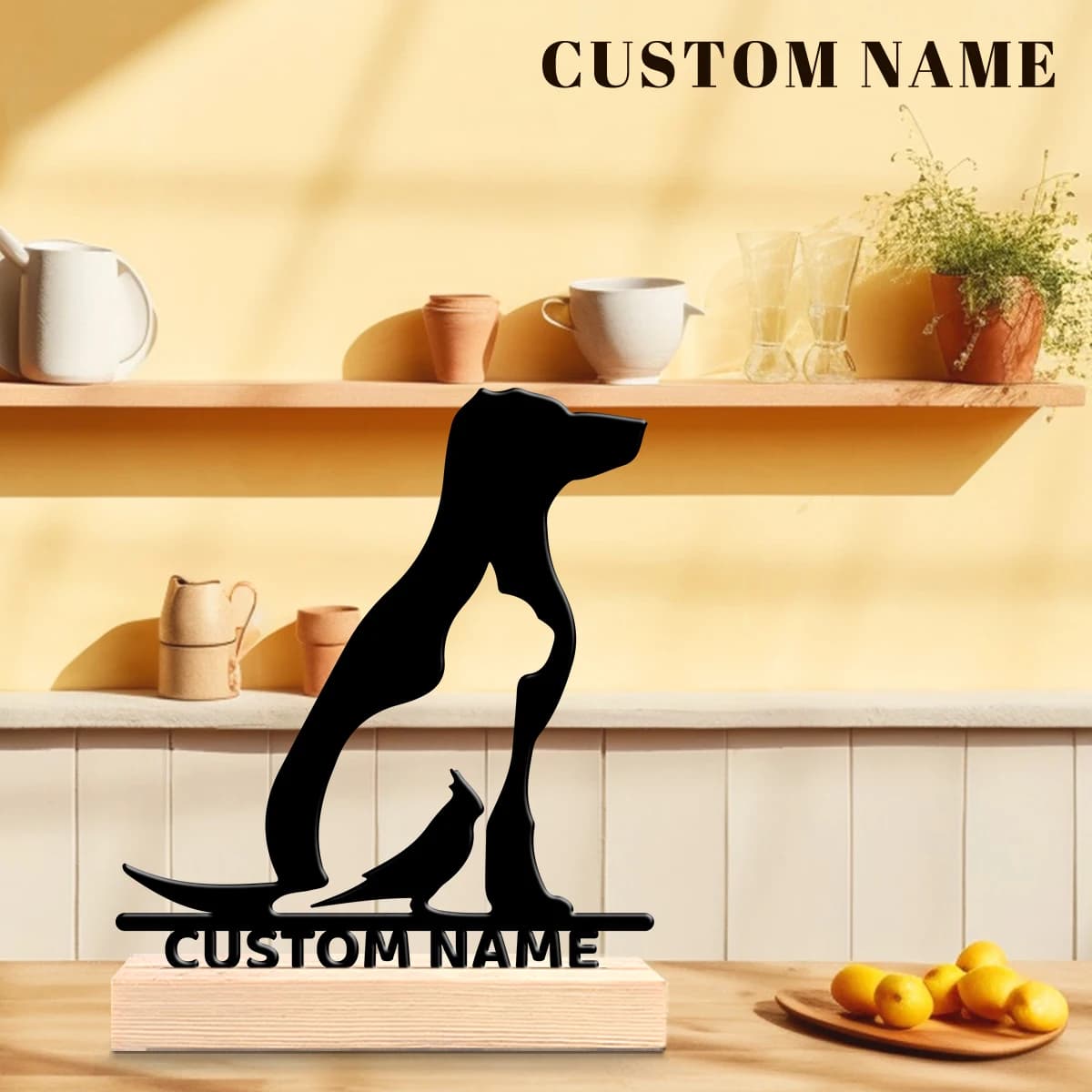 1pc Personalized Desktop Metal Ornaments Custom Name Equipped with Wooden Base Housewarming Gift,Metal Ornament Decoration