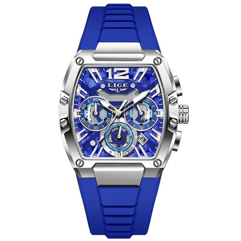 Tonneau Sport Waterproof Luminous Calendar Chronograph Quartz Watch for Men with Silicone Strap Wristwatch