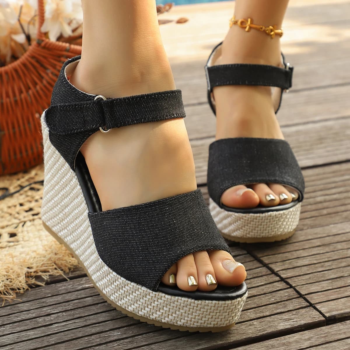 Woman Leather Summer Fashion Wedge Female Large Size Mid-heeled Platform Black New Comfortable Retro Sandals for Women