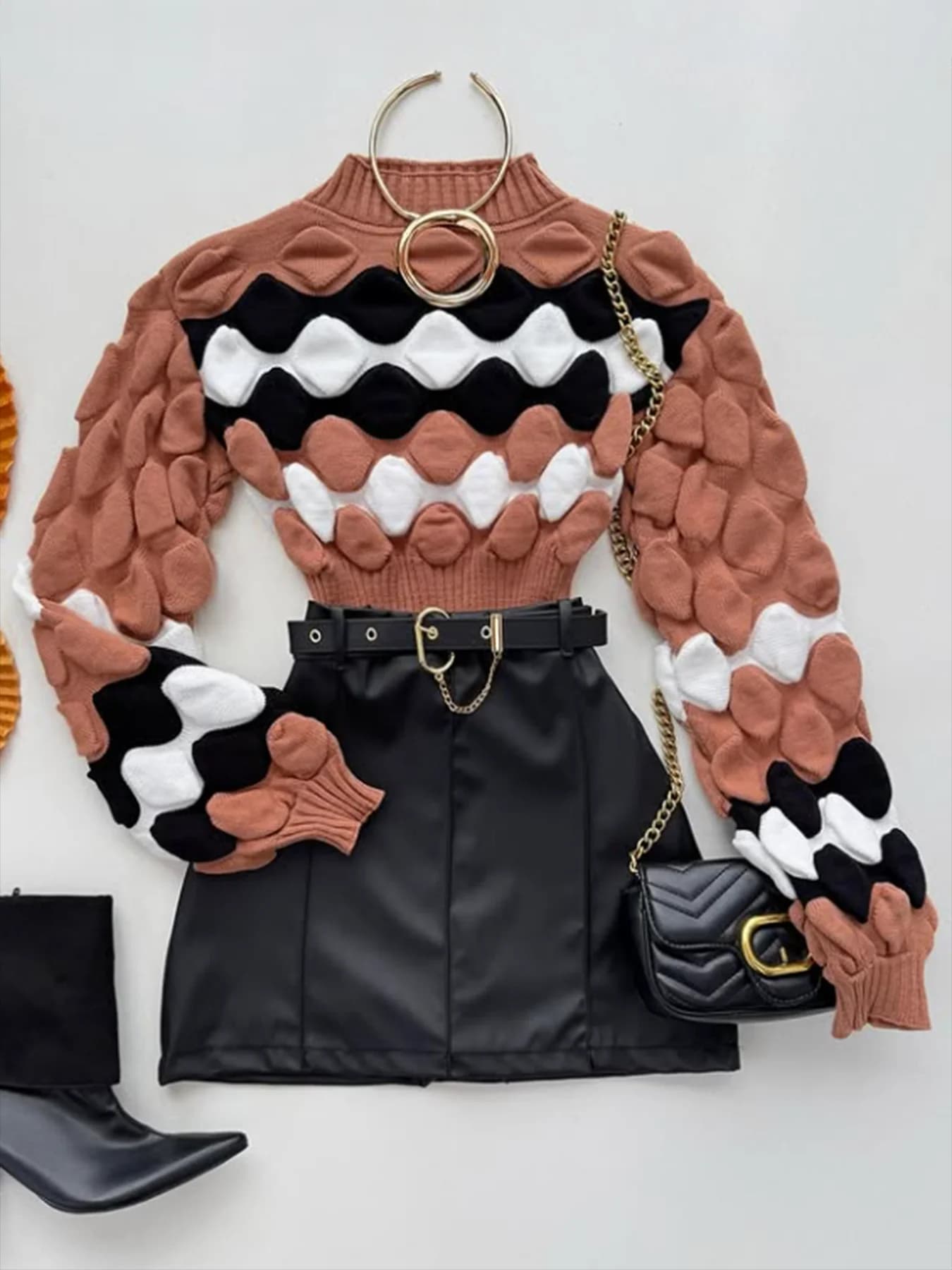 Fashion Bubble Pattern Contrast Color Pullover Long Sleeve Sweater-Women's Tops Hot Wool Soft Knitting