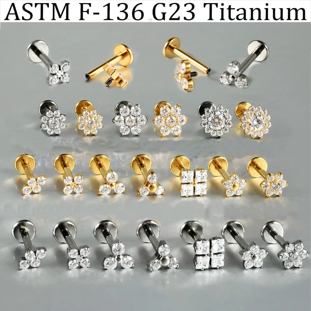 2PCS 18K Gold Plated F-136 Imlant Titanium Zircon Labret Studs Flat Back Lip Lobe Helix Tragus Flower Internal Thread Earring
