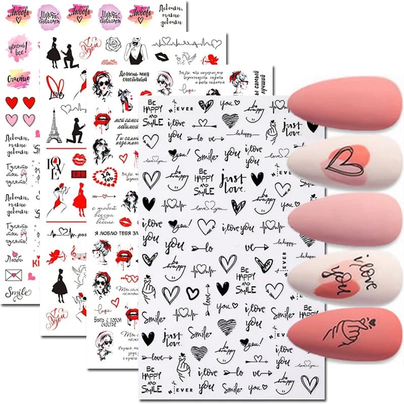 Nail Art Decals Love Hearts Letters Message Valentine Day Back Glue Nail Stickers Decoration For Nail Tips Beauty