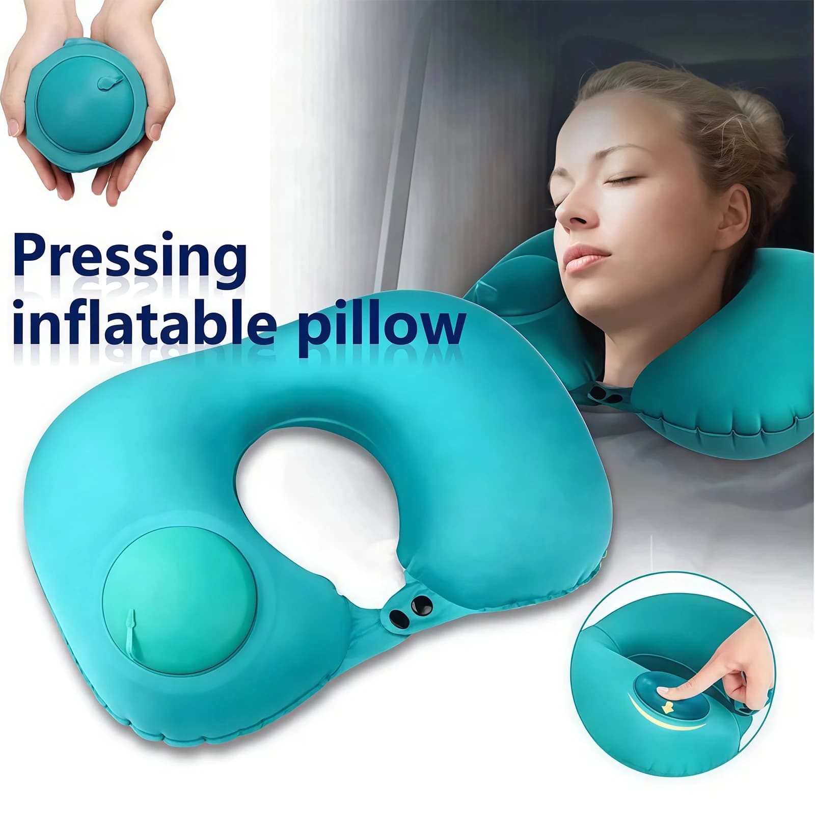Cuscino gonfiabile per il collo a forma di U, cuscino da viaggio portatile e pieghevole con inflazione manuale, cuscino di supporto per colonna vertebrale cervicale