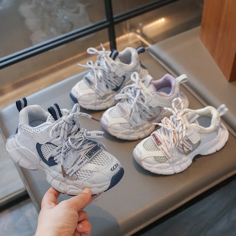 Kids Mesh Breathable Dad Sneakers Multi Color Strap Lace Up Chunky Shock Absorbing Thick Sole Boys Girls Outdoor Sports Casual W