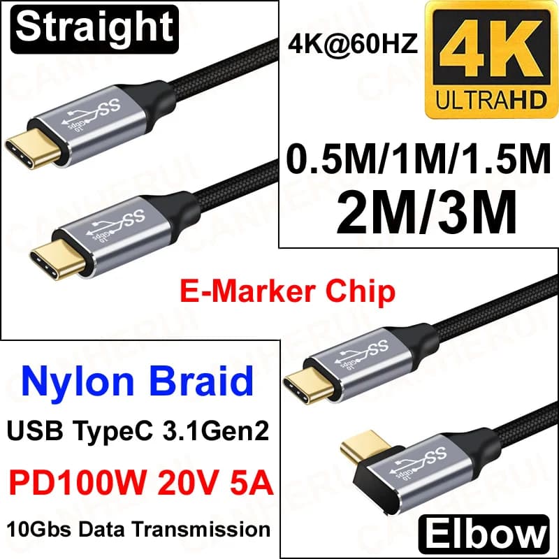 0.5M/1M/1.5M/2M/3M Nylon Braid USB Type C 3.1 4K@60HZ Gen2 10Gbps E-Marker Chip PD100W 5A Fast Charging Data Transmission Video