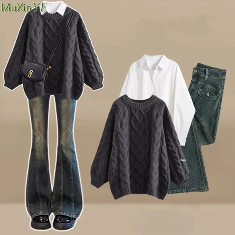 Women's sweater spring autumn shirts white denim pants ribbed set of three pieces Lady Basic Joker top in knit solid shirt jeans dresses