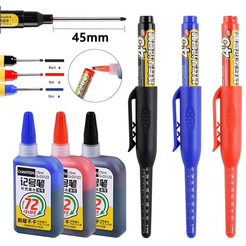 Pennarelli per Marcatura Fori Profondi 45mm Impermeabili con Punta Lunga, Inchiostro Nero/Blu/Rosso per Utensili Multiuso da Falegnameria